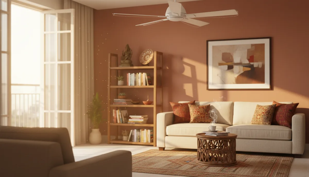 Dust particles floating in an Indian living room near a running ceiling fan and open window