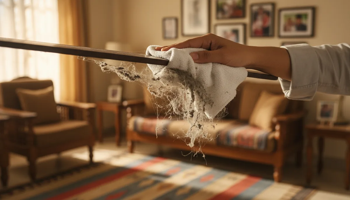 Hand wiping thick dust off a ceiling fan blade with a white cloth