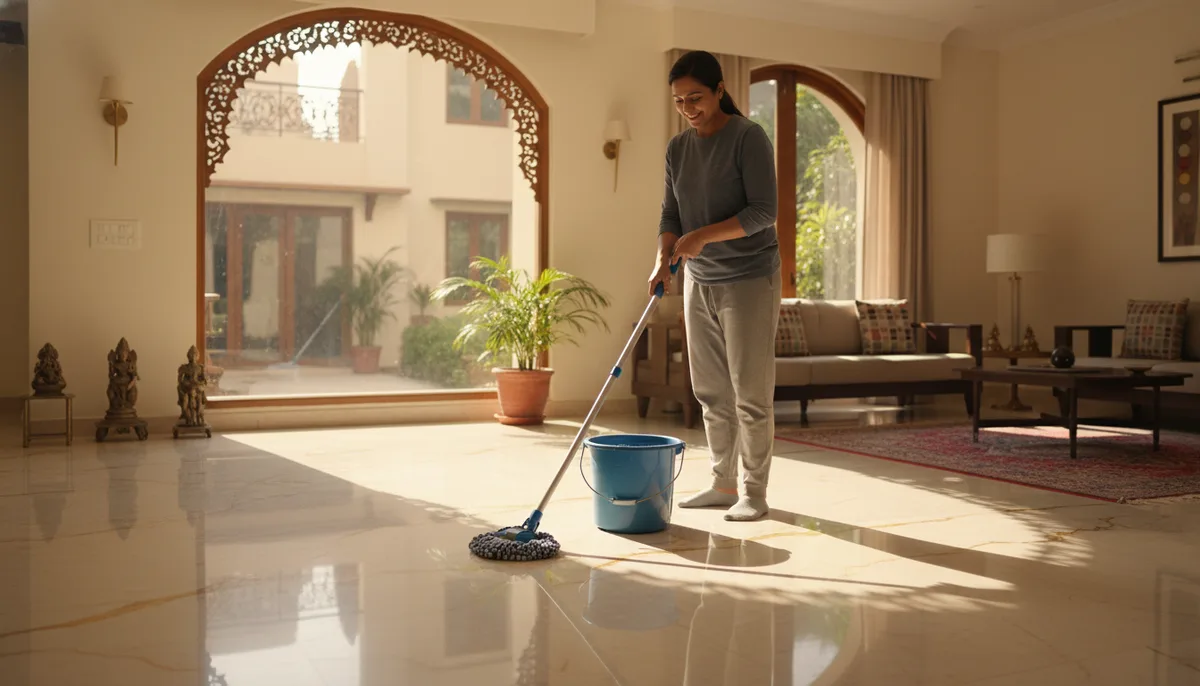Person mopping marble floor in an Indian home with a spin mop and bucket wringer