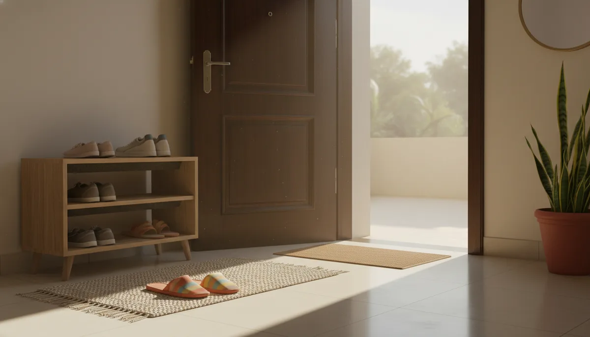 Tidy Indian apartment entryway with shoe rack, slippers, and morning light at the door