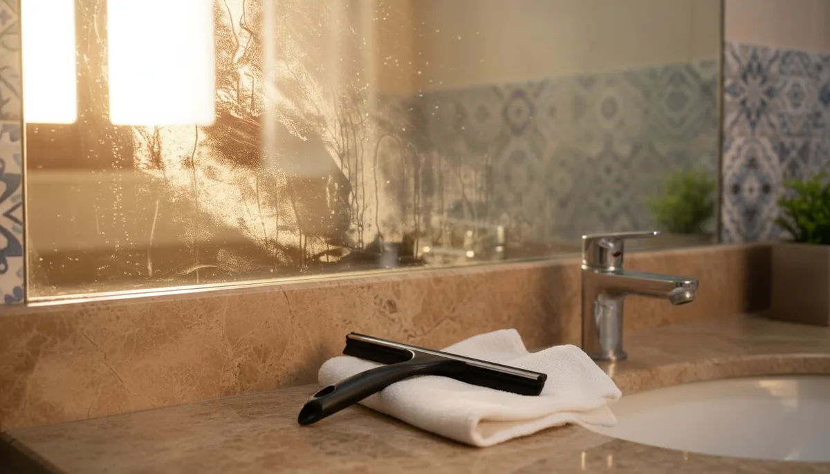 Bathroom mirror with hard water film buildup next to a squeegee and cleaning cloth