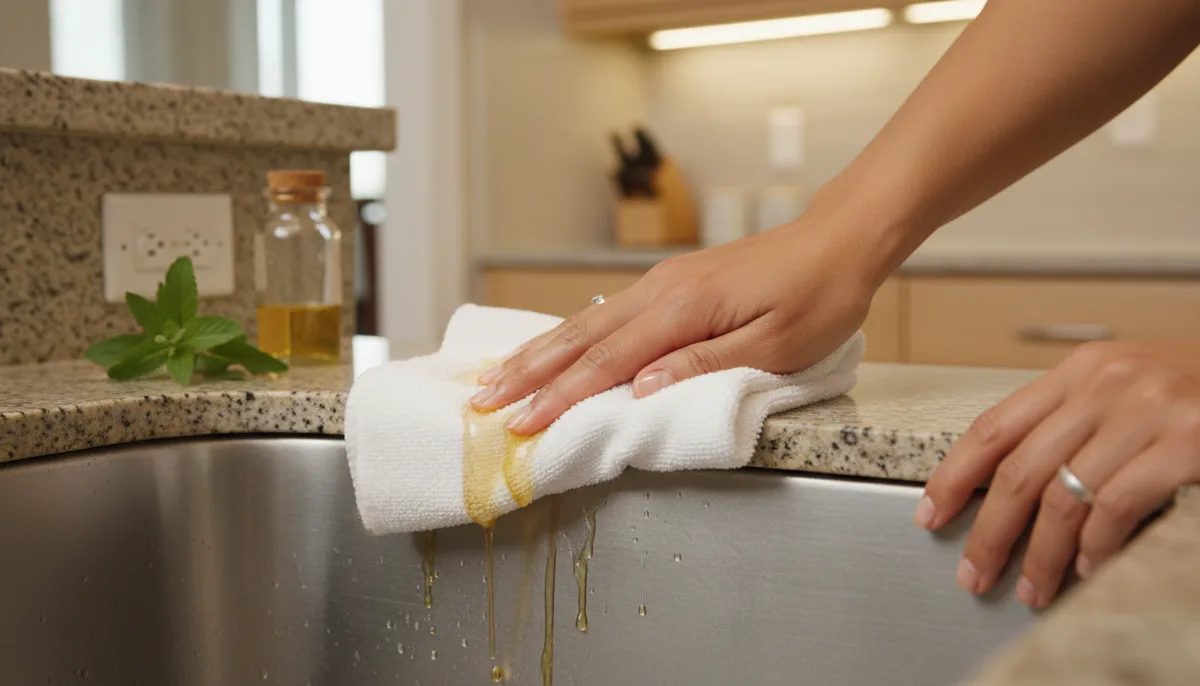 Hands pressing a soaked microfibre cloth against a stainless steel sink to dissolve hard water deposits