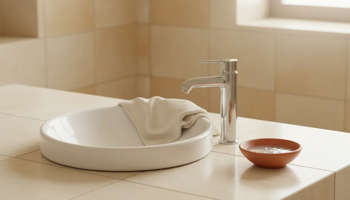 Organized bathroom countertop with cleaning cloth, vinegar bowl, and dry chrome tap showing preventive cleaning setup
