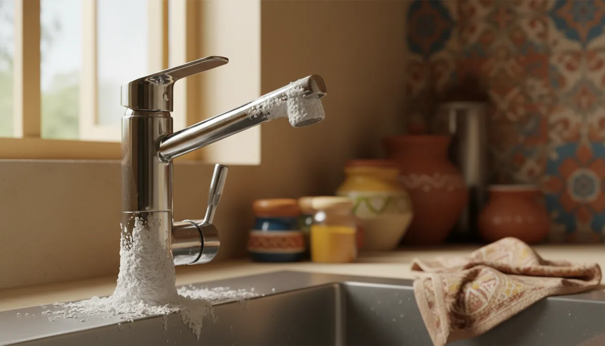 White limescale deposits crusted around a chrome kitchen tap in an Indian home