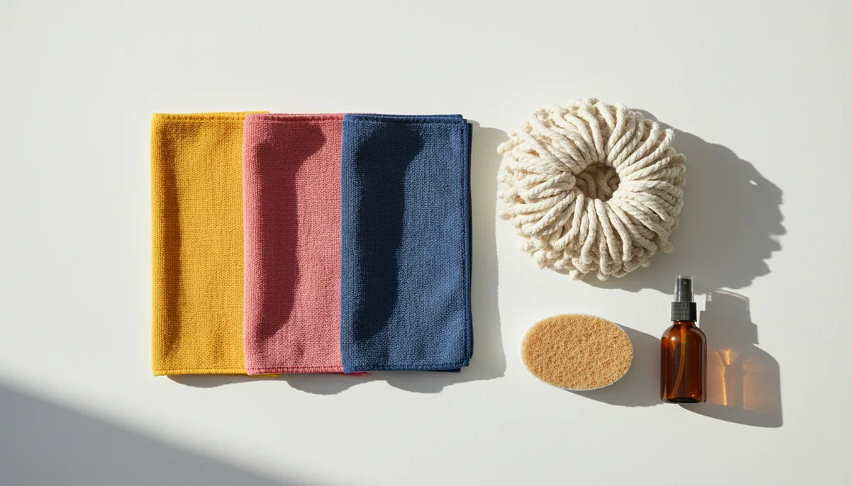 Flat lay of bathroom cleaning tools including microfibre cloths and mop on white surface