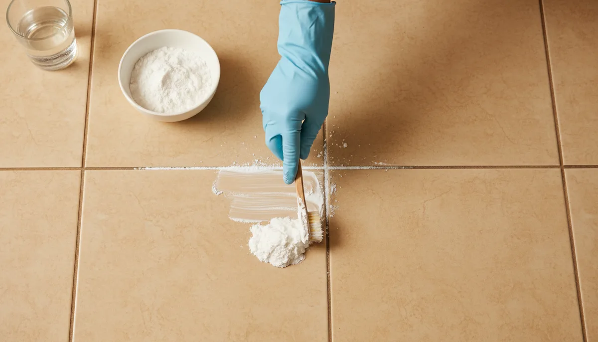 Person scrubbing bathroom grout lines with a toothbrush and baking soda paste