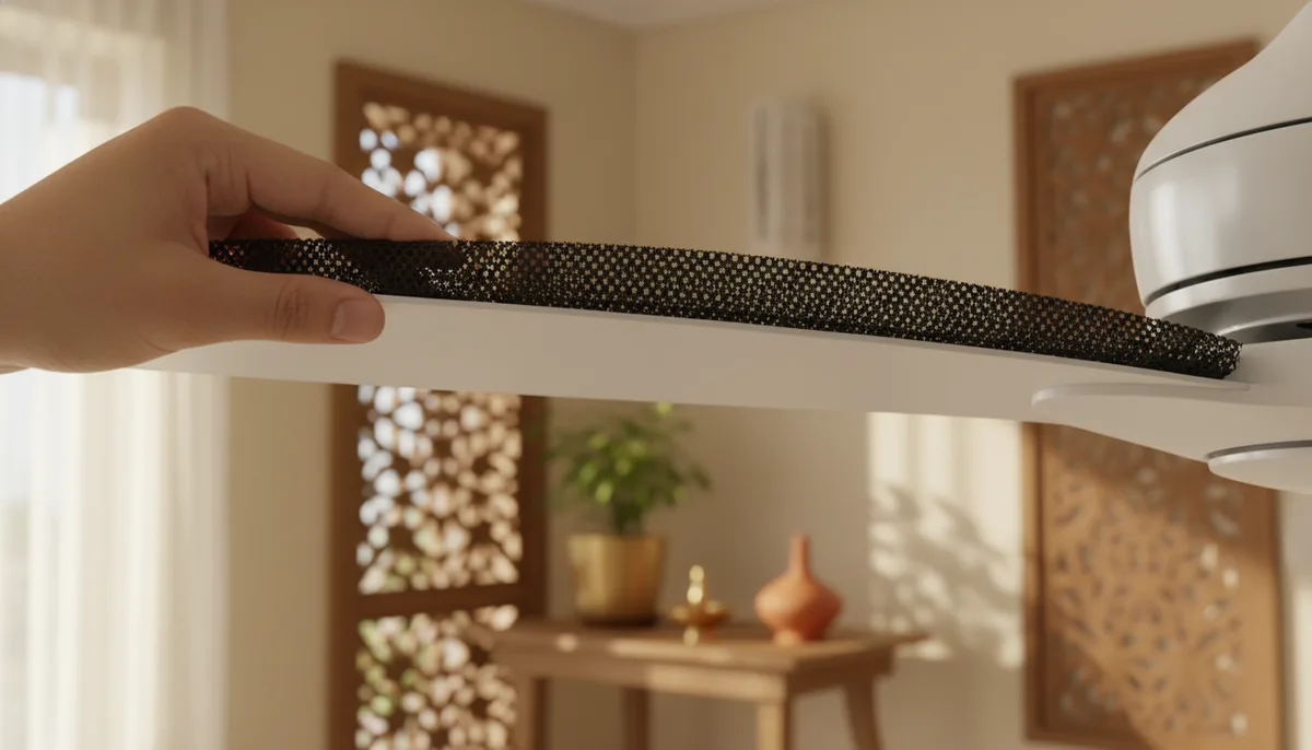 Activated charcoal filter being attached to a ceiling fan blade in an Indian home