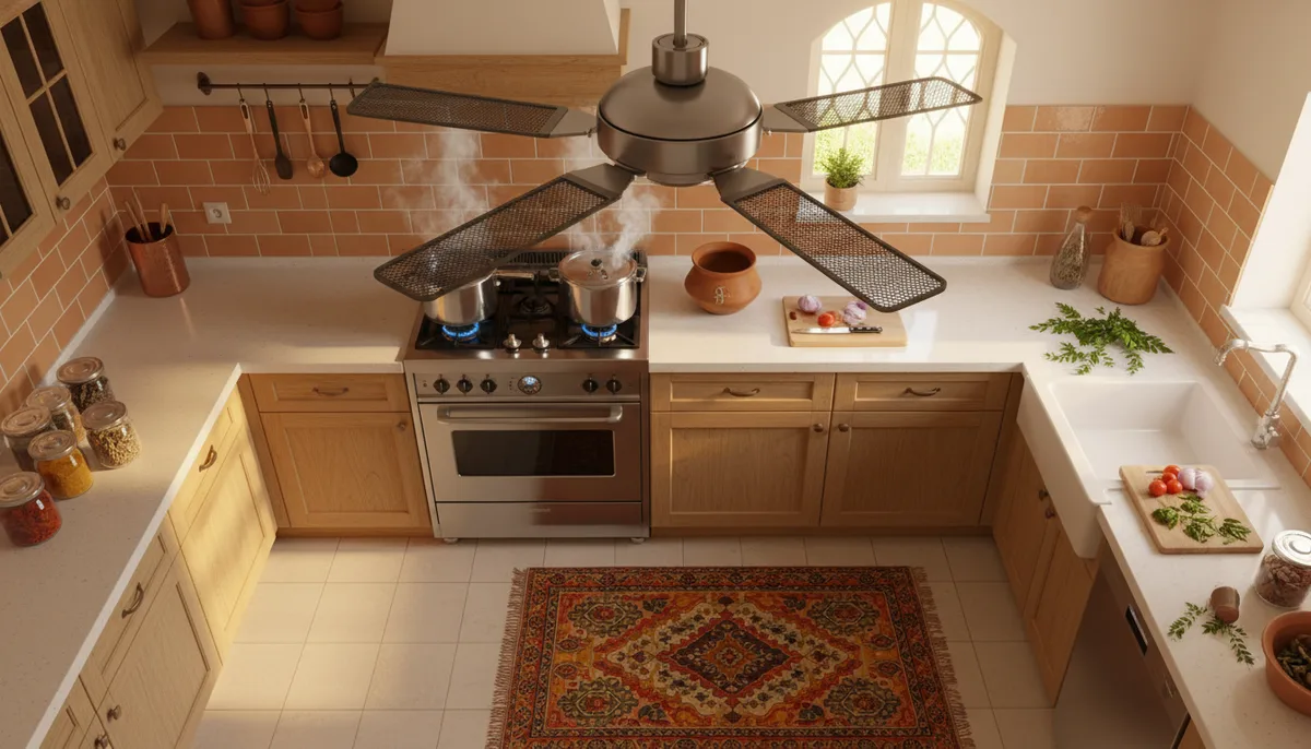 Ceiling fan with filters running above an active Indian kitchen stovetop