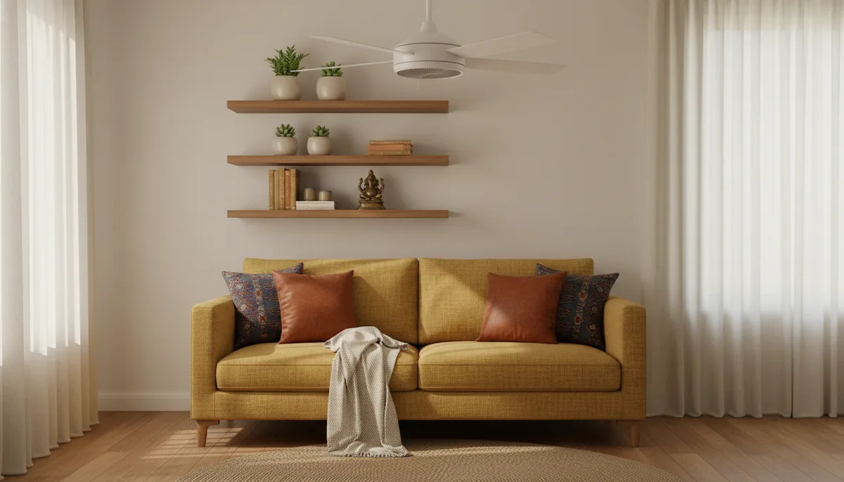 Clean Indian living room with ceiling fan filter installed and bright morning light