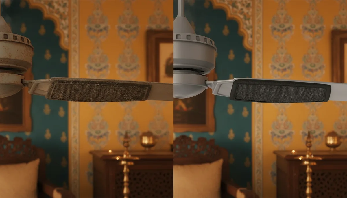 Comparison of dusty ceiling fan blade versus clean blade with charcoal filter