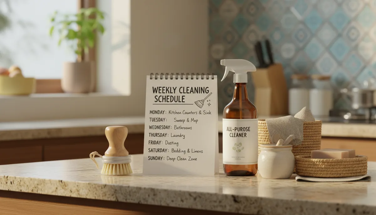 Handwritten weekly cleaning schedule on a notepad placed on a bright Indian kitchen counter
