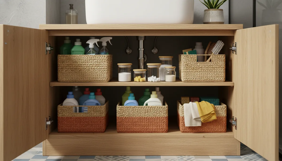 Neatly organized cleaning supplies stored under a bathroom sink in an Indian home