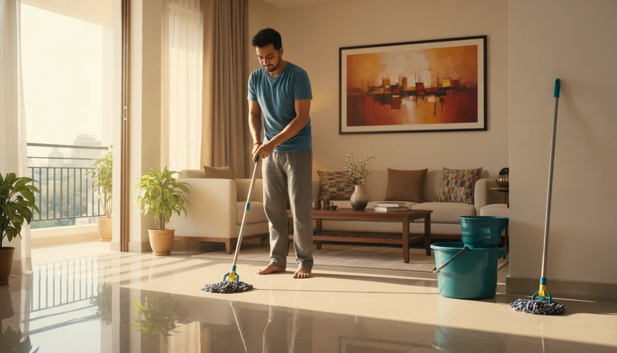 Person mopping vitrified tiles in a bright Indian living room with a bucket and wringer nearby