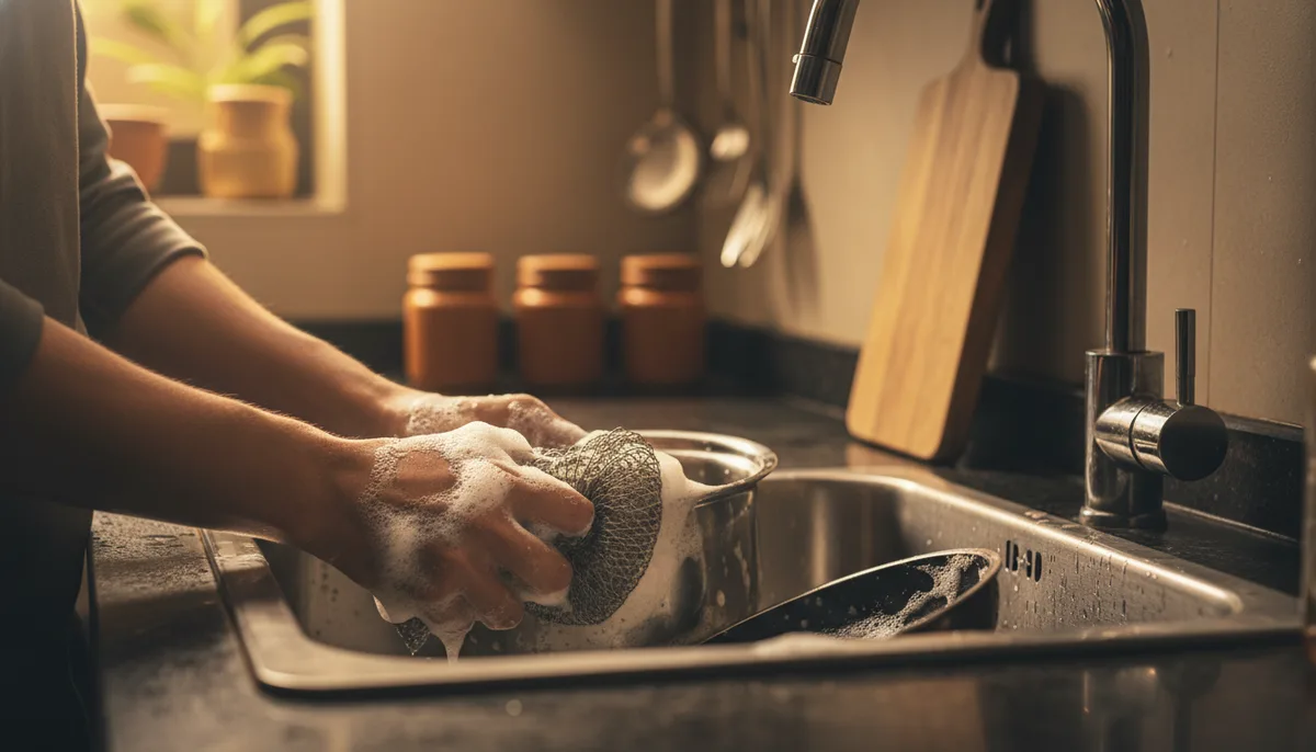 Person scrubbing a stainless steel kitchen sink with a wire dishwashing cloth in an Indian home