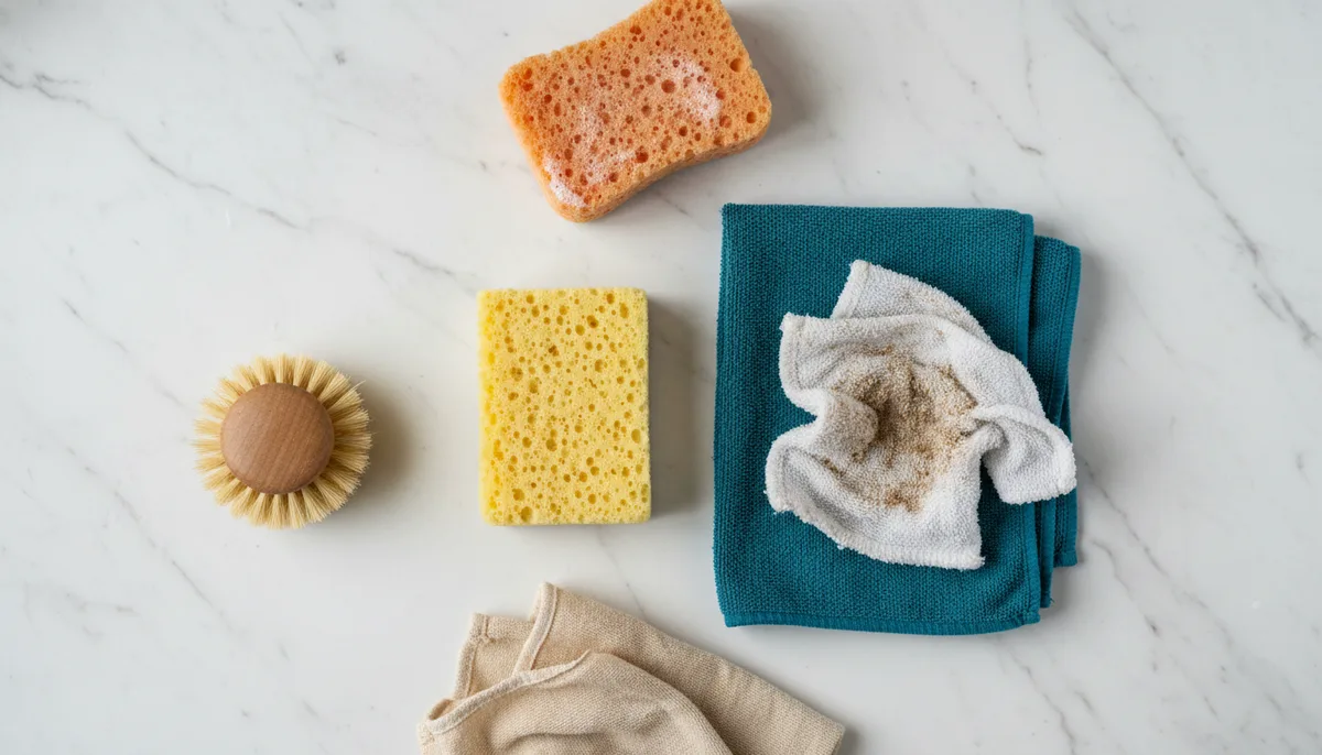 Flat lay of cleaning tools including sponge, cloth, and scrubber rag in varying states of wear