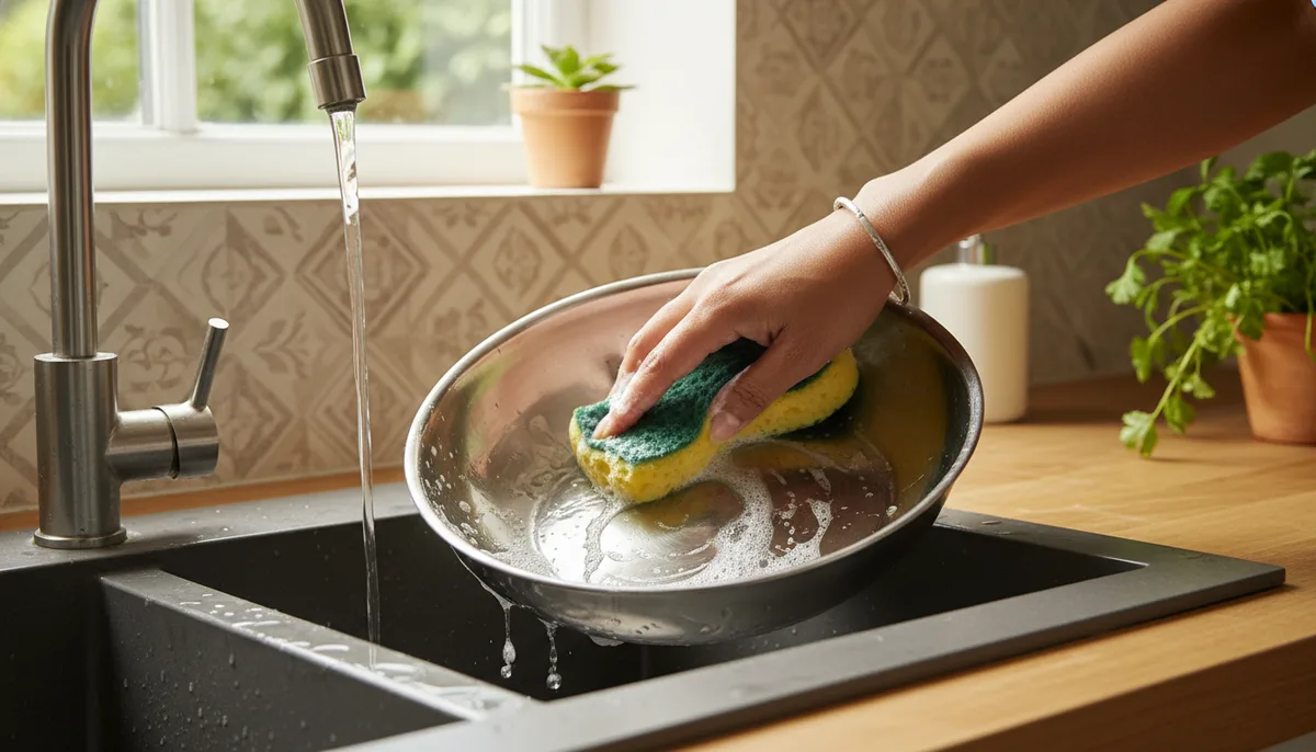 Hand scrubbing a stainless steel kadai with a sponge at an Indian kitchen sink