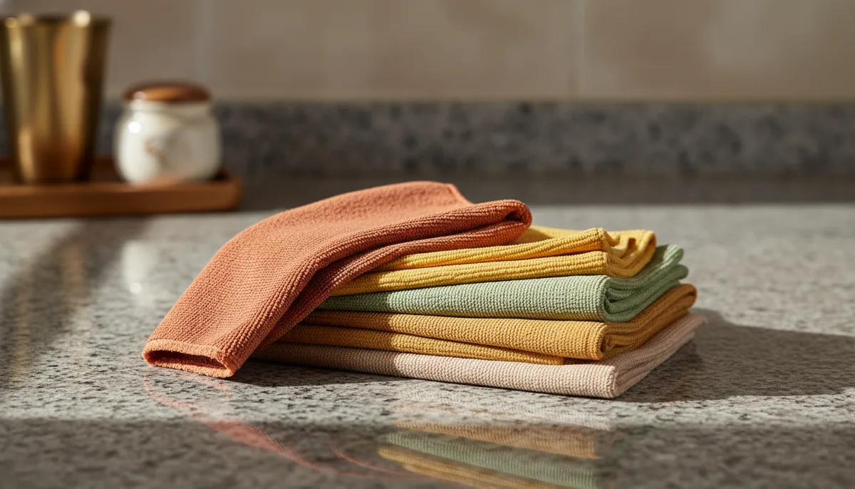 Stack of clean microfibre cloths on a granite kitchen countertop in an Indian home