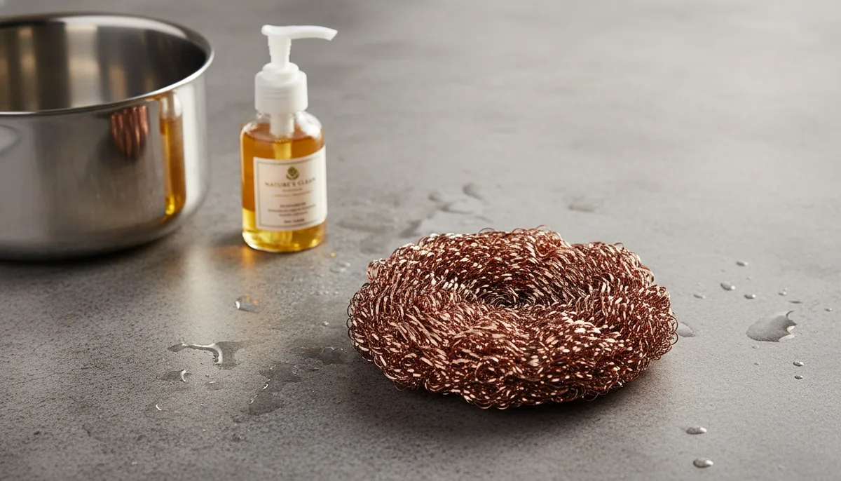 Wire mesh scrubber cloth next to a steel vessel and dish soap on a kitchen counter