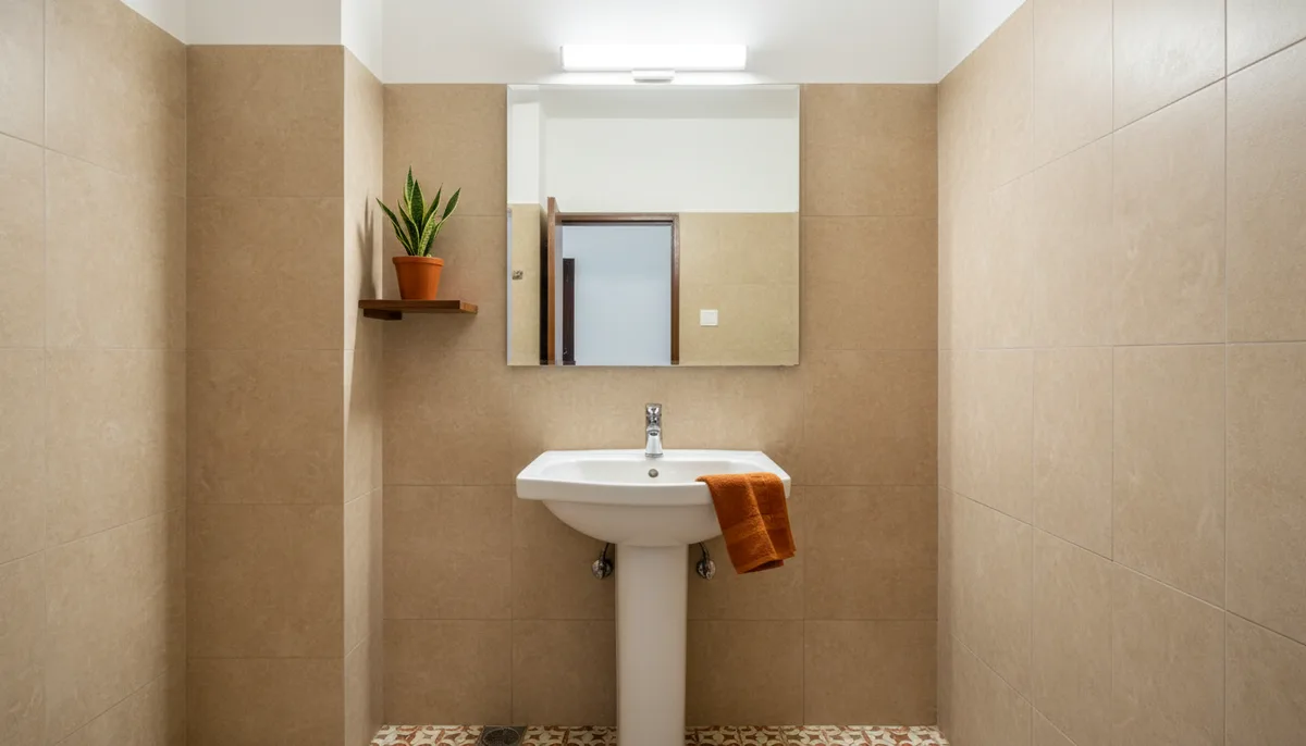 Clean Indian bathroom with streak-free mirror and neatly folded hand towel