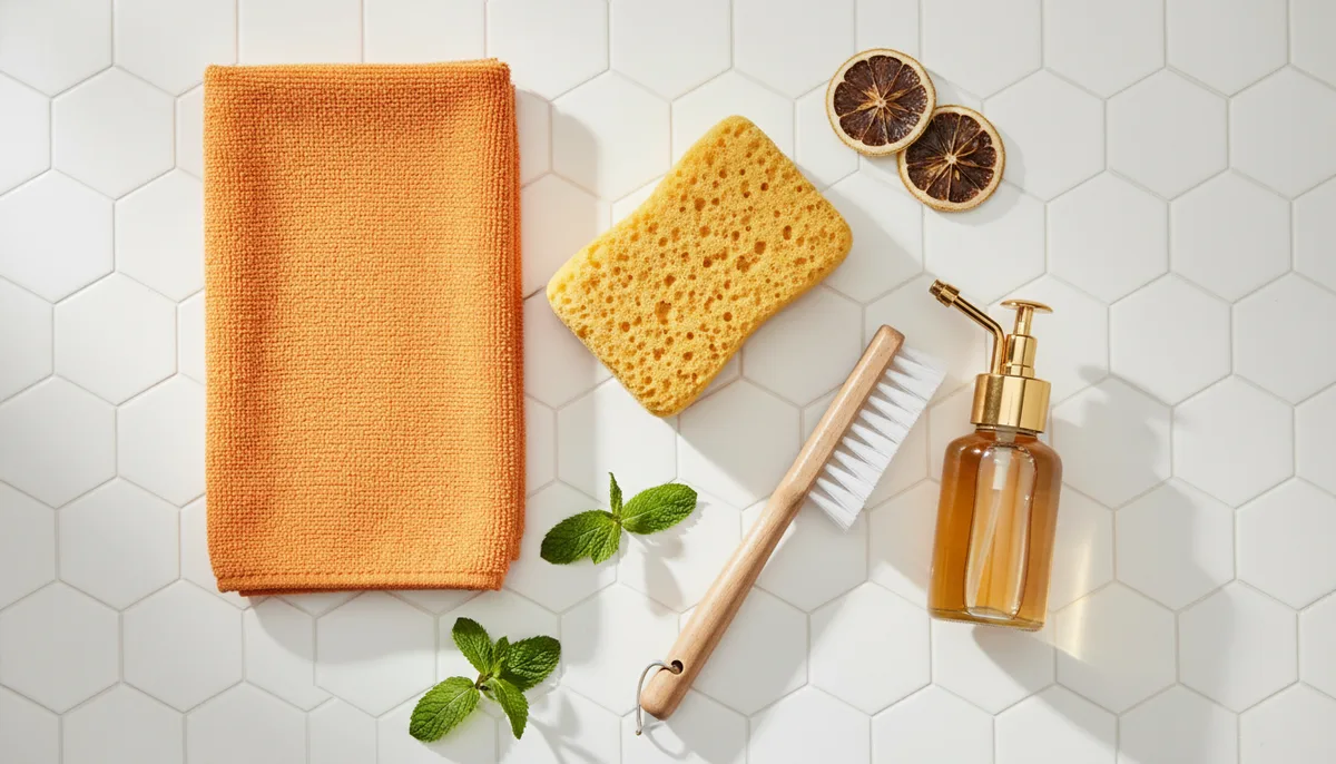 Flat lay of practical cleaning tools including microfibre cloth sponge and crevice brush