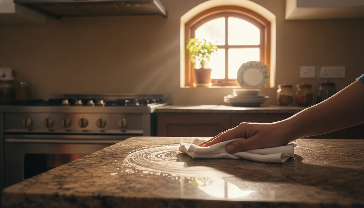 Indian kitchen counter being wiped clean with a damp cloth before guests arrive