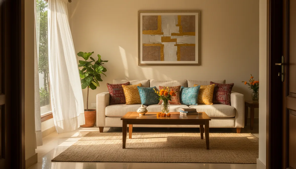 Tidy Indian living room with neat cushions and clear centre table ready for guests