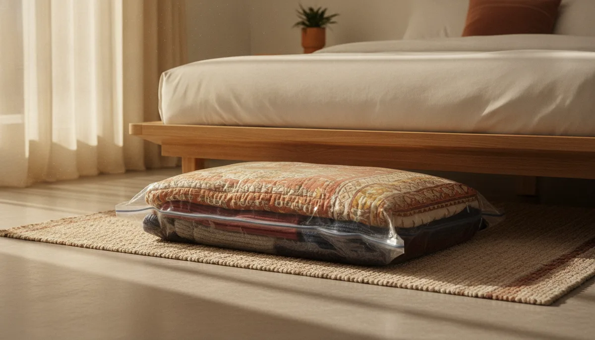 Compressed vacuum storage bag with razai and woolens stored neatly under an Indian home bed