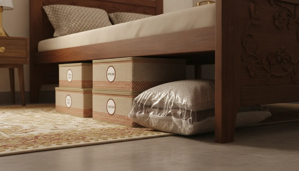Neatly organised under-bed storage with flat boxes and vacuum bags in an Indian home