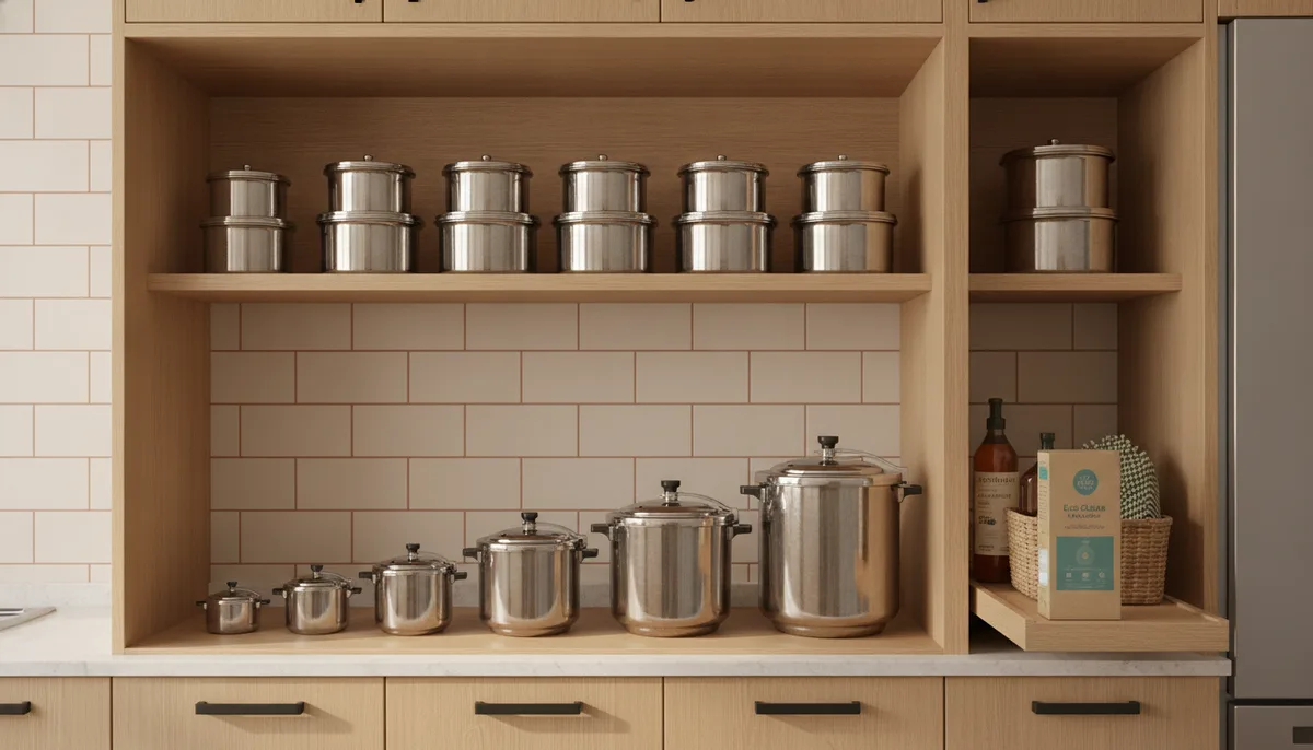 Organised Indian kitchen cabinet with stacked steel containers and compact cleaning products