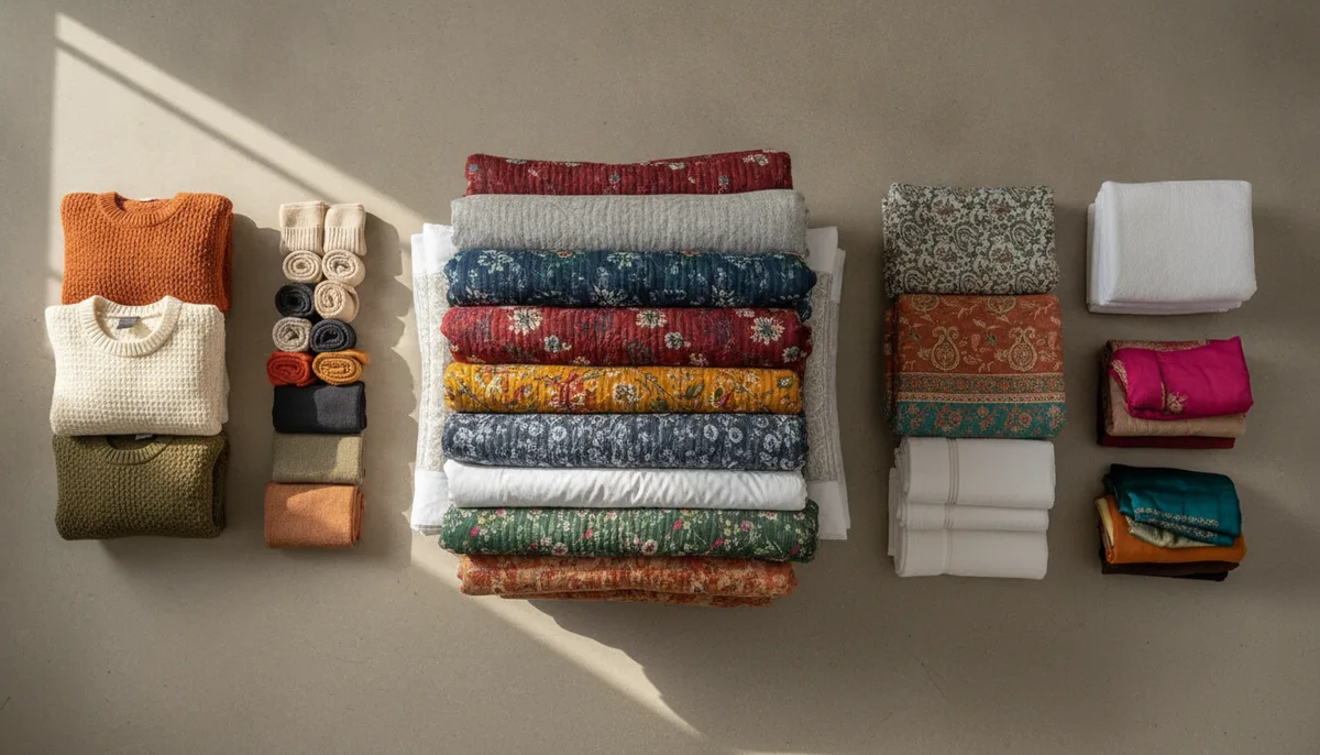 Seasonal clothes and bedding sorted into categories on a clean floor before storage