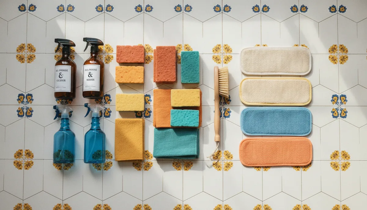 Cleaning supplies laid out on kitchen floor for sorting and auditing before reorganising