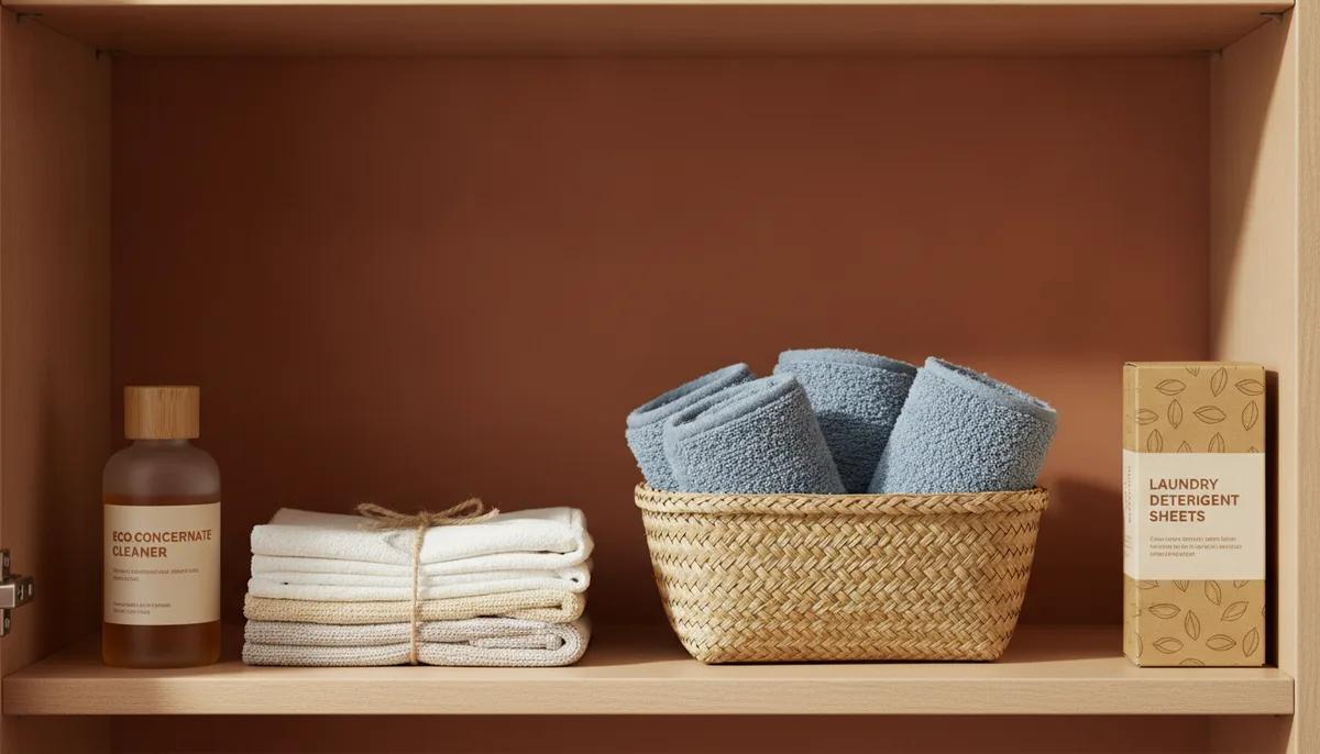 Organised central cleaning supply cupboard shelf with mop pads cloths and detergent sheets
