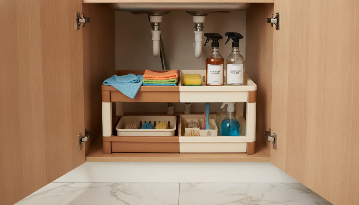 Under-sink kitchen cabinet with organised cleaning supplies on a two-tier shelf