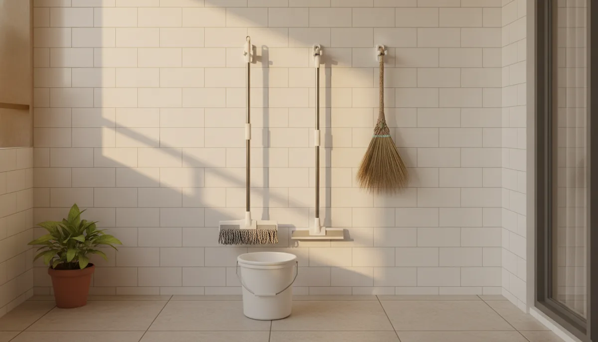 Wall-mounted mop and broom storage in an Indian home utility area balcony