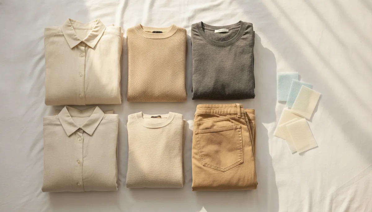 Freshly washed folded clothes stacked neatly beside laundry detergent sheets ready for seasonal storage