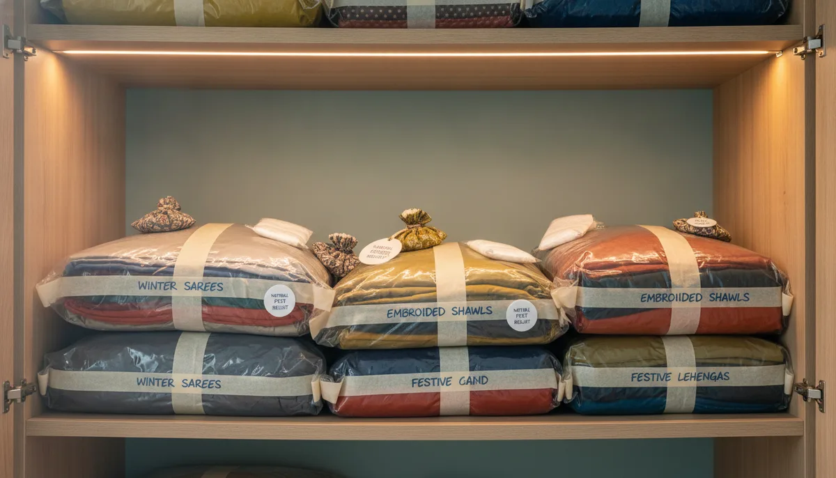 Organised wardrobe shelf with labelled storage bags, silica gel packets and neem sachets for clothes protection