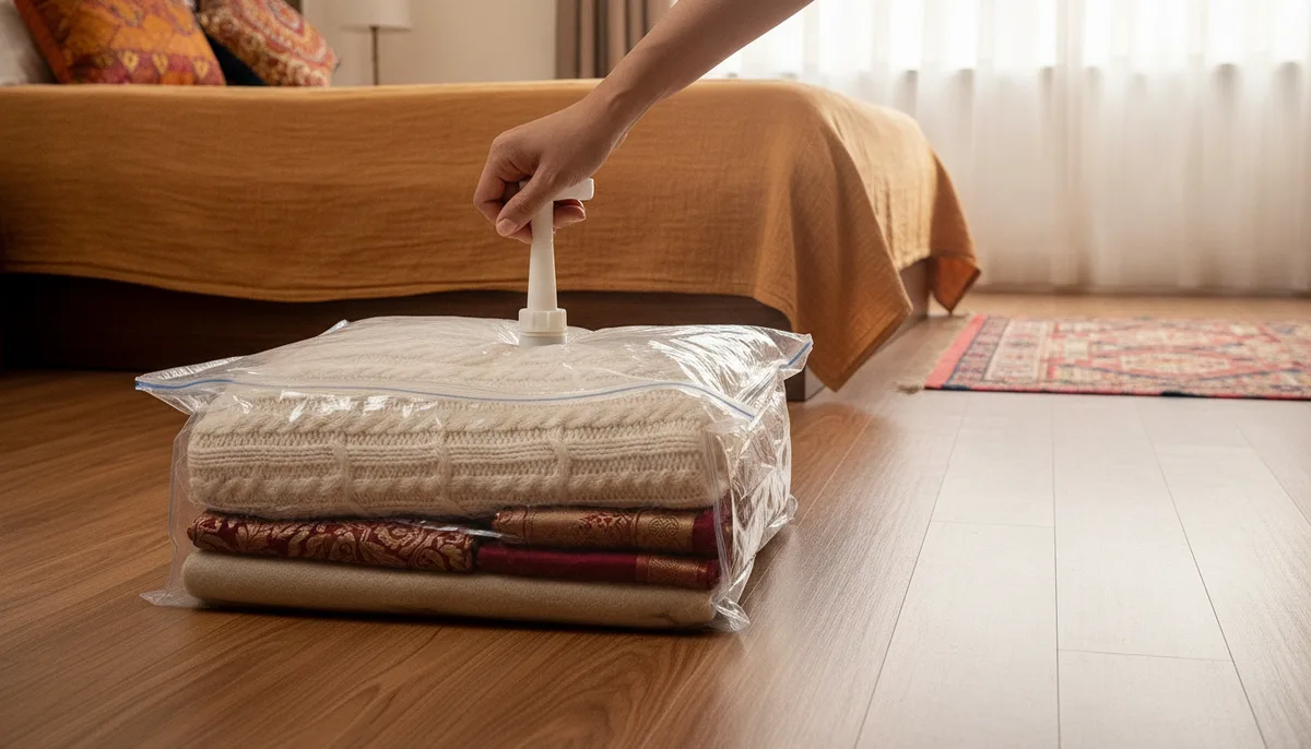 Vacuum storage bag being compressed with hand pump to store bulky woollen blankets and shawls