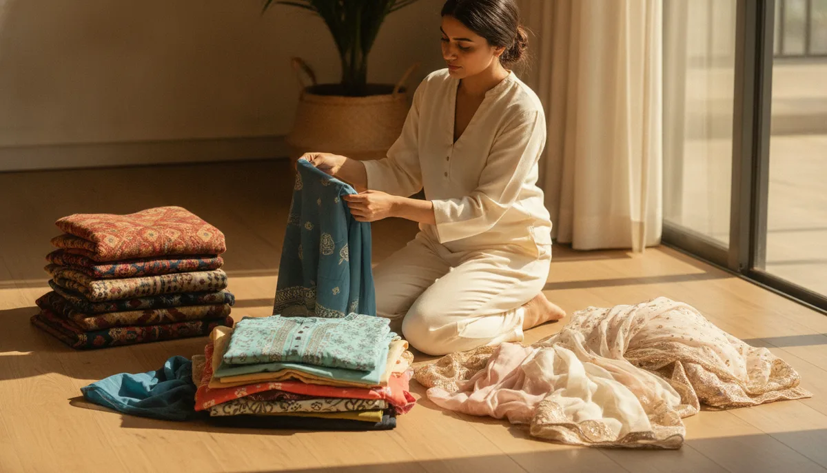 Woman sorting seasonal Indian clothes into organised piles on bedroom floor before storage