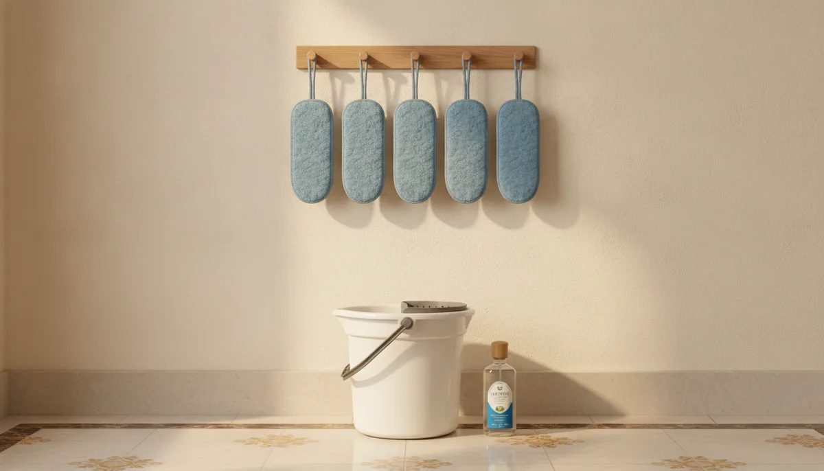 Clean mop pads hanging to dry next to a wringer bucket in a tidy Indian home cleaning corner