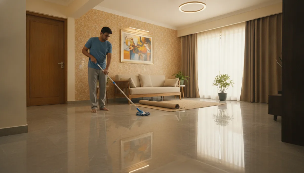 Person mopping a living room floor correctly, working from the far wall toward the door