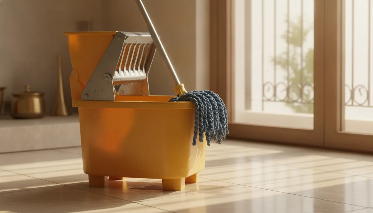 Side-press wringer mop bucket with microfibre pad on a tiled Indian kitchen floor