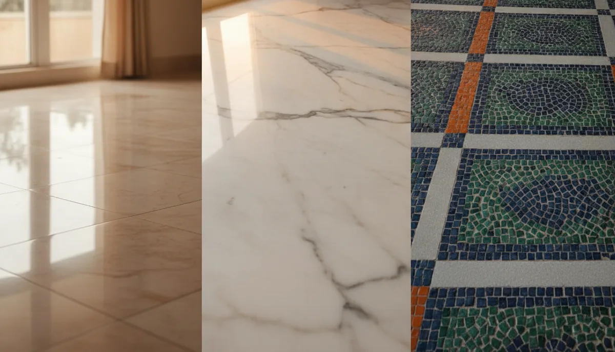 Three common Indian home floor types - vitrified tile, marble, and mosaic flooring
