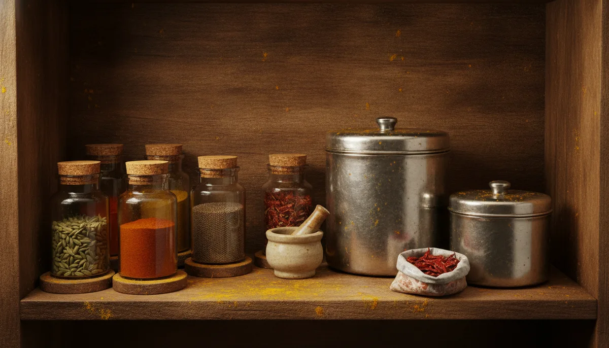 Greasy and dusty kitchen shelf in an Indian home with spice jars and steel containers