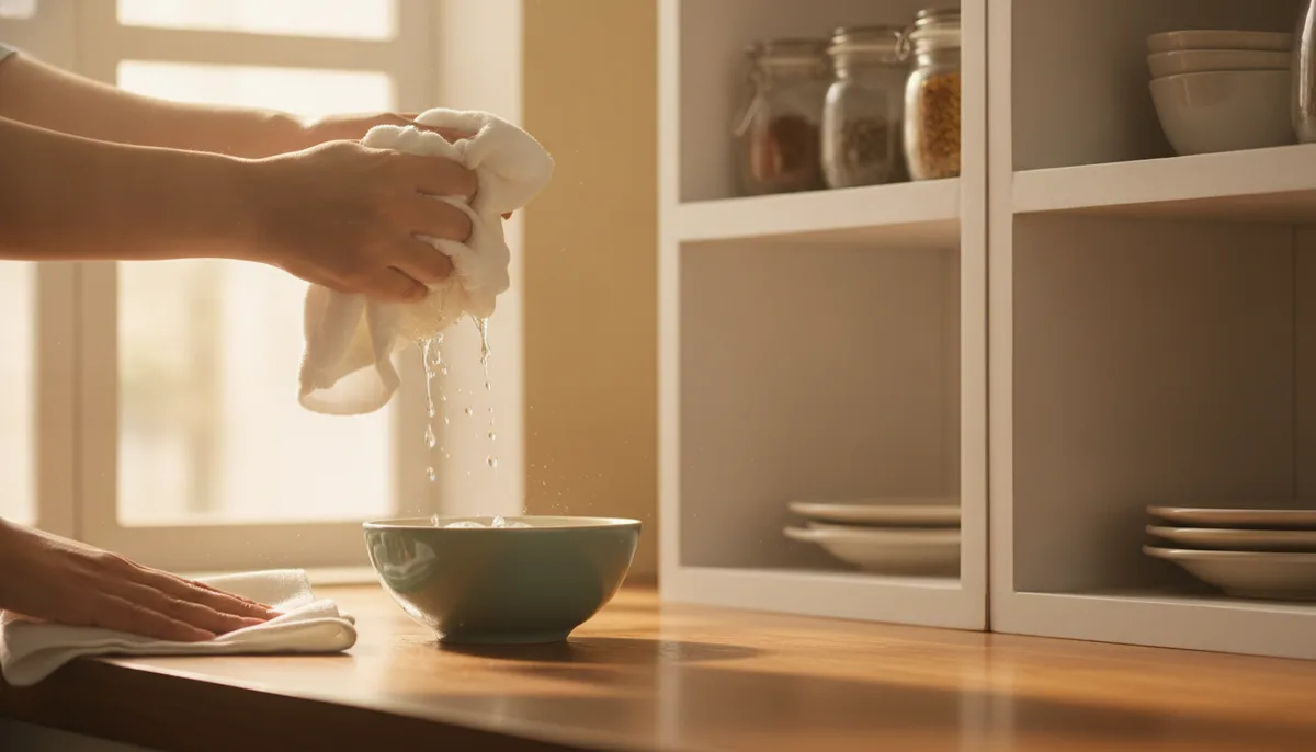 Hands wringing a damp cloth over soapy water before cleaning kitchen shelf