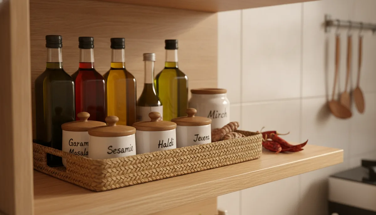 Organised Indian kitchen shelf with spice jars in a tray keeping surface clean