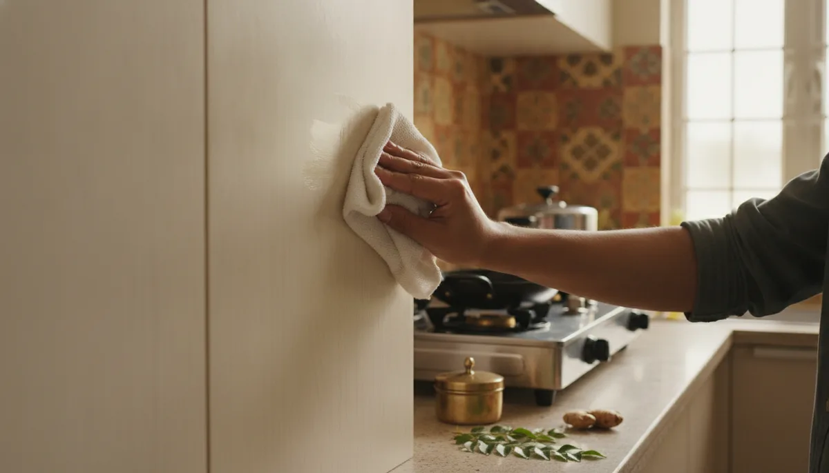 Person wiping greasy laminate cabinet door in an Indian kitchen near stove