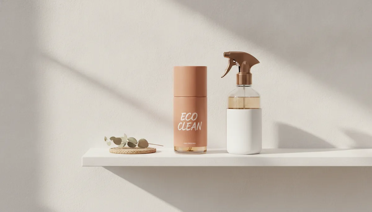 A concentrated cleaning product bottle and spray bottle neatly arranged on a clean kitchen shelf