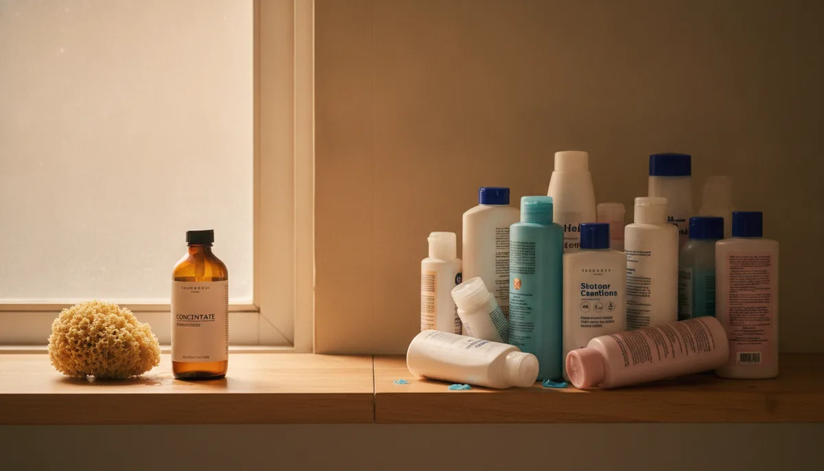 Comparison of a minimal cleaning shelf with one concentrate bottle versus a cluttered shelf with multiple plastic bottles