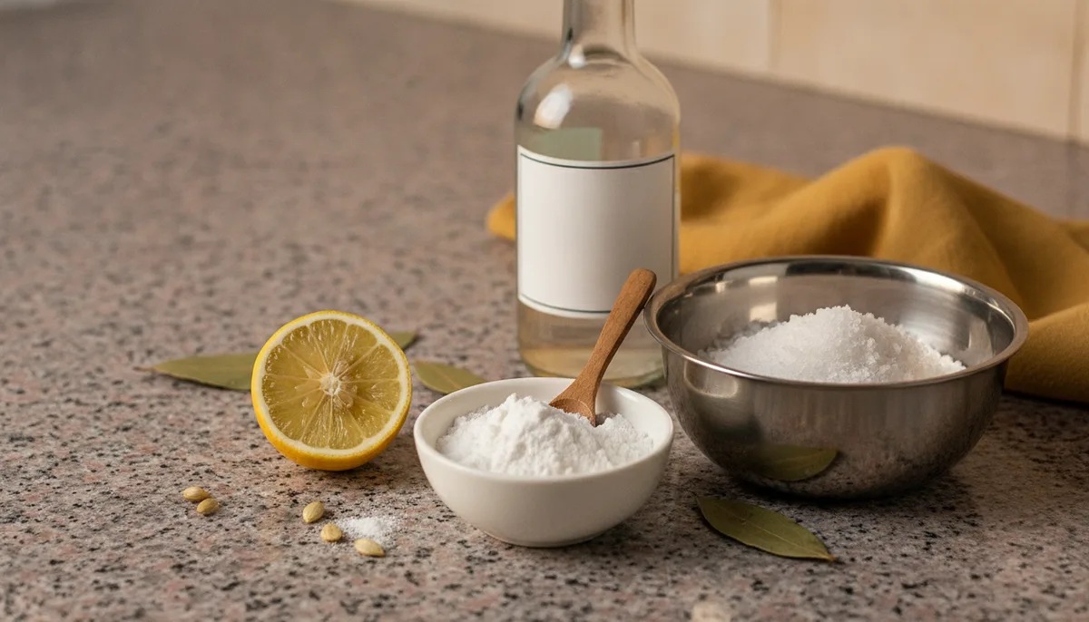 DIY cleaning ingredients including lemon, baking soda, vinegar and salt on an Indian kitchen countertop