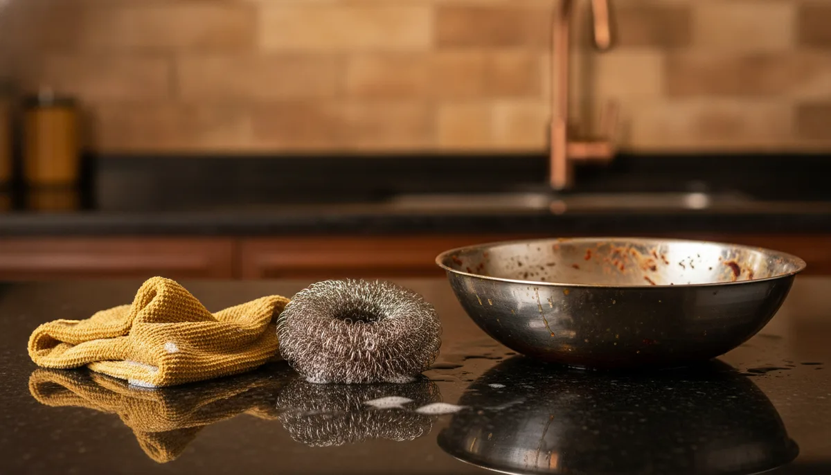 Reusable cleaning cloth and wire dishwashing rag placed next to a steel kadai on a wet kitchen counter